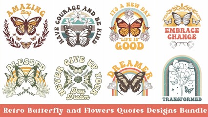 Retro Butterfly T shirt Design Bundle, Retro Wildflowers Design Bundle, Set of Butterfly - obrazy, fototapety, plakaty