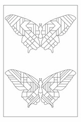 Set of beautiful image of two butterflies with line art deco pattern wings. Coloring pages for digital detox. Black and white. Anti stress. EPS8 #507