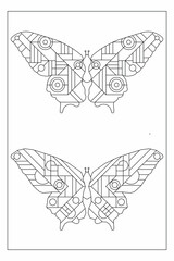 Set of image of two amazing butterflies with linear abstract art deco pattern. Coloring pages for digital detox. Black and white. Anti stress. EPS8 #506