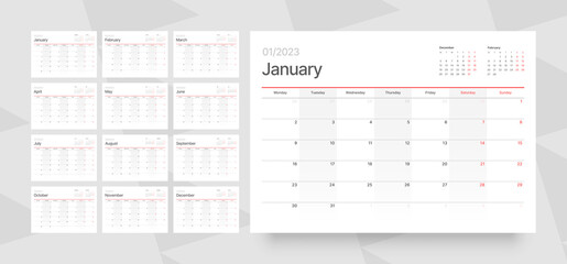 Monthly calendar template for 2023 year. Week Starts on Monday. Desk calendar in a minimalist style. 