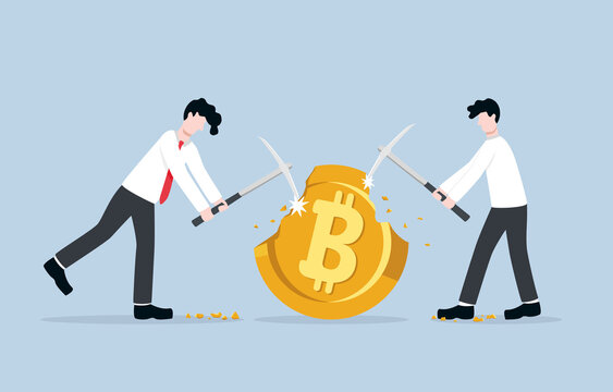 Difficulty Of Mining Bitcoin, Higher Blockchain 
Competition Between Miners Causing The Less Chances Of Earning Bitcoins Concept. Businessman Investors Competing To Mine Big Bitcoin. 