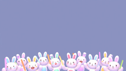 3d rendered kawaii cheering bunnies with light sticks.