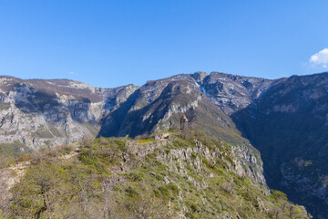 View of the historic observation deck Halidzor in the mountains near the Tatev Monastery. Armenia