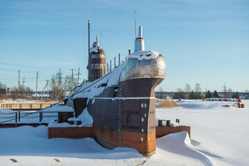 Soviet submarine B-440 on a sunny February day. Front view. Vytegra
