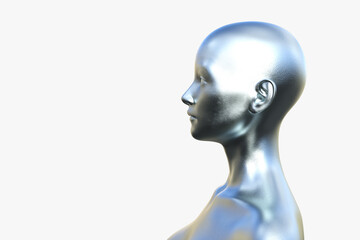 3D render portrait of a silver bald woman on a white background.