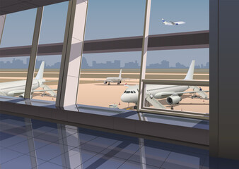 View from the terminal to the aircraft and the airport. Vector.