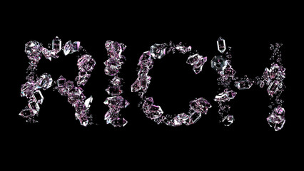 rich - text made of diamonds, on black background, isolated - object 3D rendering