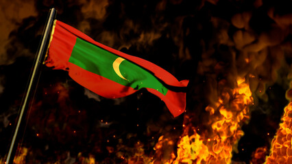 flag of Maldives on burning fire bg - hard times concept - abstract 3D illustration