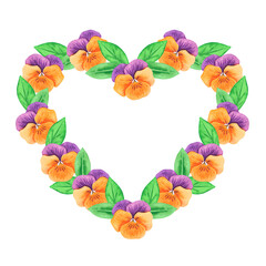 A heart of violets. Orange pansies. Watercolor illustration. Isolated on a white background.