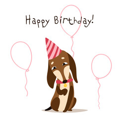 Dachshund celebrates a birthday on the background of balloons. Happy birthday lettering. Drawn in cartoon style. Vector illustration for designs, prints, patterns. Isolated on white