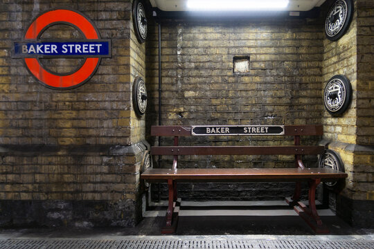 London, UK: bench on the platform at Baker Street underground train station