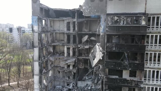 Blown up houses in Ukraine. Completely destroyed houses after bombing attack.