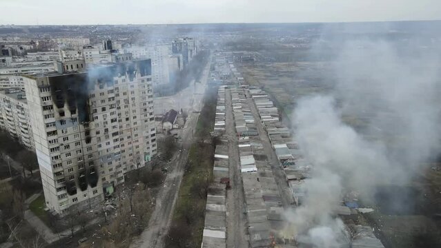 Burning buildings after explosions. War footages. Ukraine Russia war.