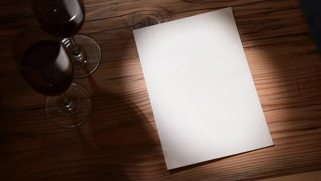plain white paper with red wine glasses on wood table
