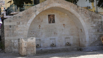 Modern building over the place where was source of the Virgin Mary, Nazareth, Israel. Mary's well in Nazareth near the Greek Orthodox Church of the Annunciation of Gabriel the Angel