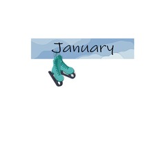 january, winter, calendar, month, name of the month, diary, banner, skates, entertainment, winter entertainment, blue background, snow, snowdrifts