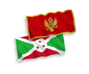 National vector fabric wave flags of Montenegro and Burundi isolated on white background. 1 to 2 proportion.