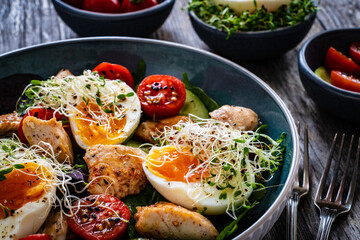 Chicken salad  - chicken nuggets, hard boiled eggs, cherry tomatoes, lettuce, cucumber and sprouts on wooden table	