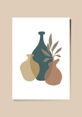 Vector Abstract composition in Boho Style.Simple Vases and leaves. Earthy colors. Used for interior design, posters, postcards, printing, banner