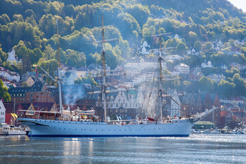 Sailing ship in the harbor of Bergen in Norway