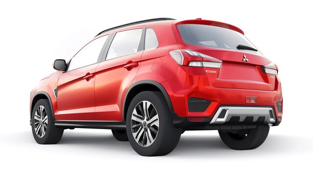 Tokyo. Japan. April 6, 2022. Mitsubishi ASX 2020. Red compact urban SUV on a white uniform background with a blank body for your design. 3d illustration.