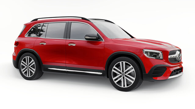 Paris, France. July 4, 2021: Mercedes-Benz GLB 2020 red compact luxury suv car isolated on white background. 3d illustration.