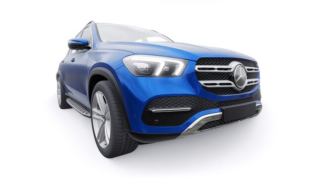Paris. France. March 26, 2022. Mercedes-Benz GLE 2020. Expensive premium mid-size SUV for every day for work and family. Blue car model on a white isolated background. 3d illustration