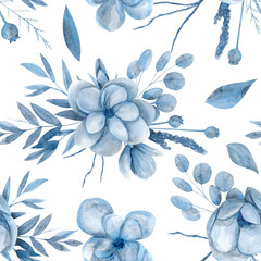 Watercolor seamless pattern with blue magnolia flowers