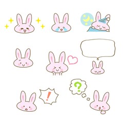 イラスト素材セット:かわいいウサギのキャラクターのカットイラスト2　ピンク色うさぎ/主線あり
