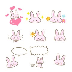 イラスト素材セット:かわいいウサギのキャラクターのカットイラスト1　ピンク色うさぎ/主線あり
