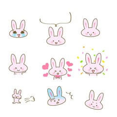 イラスト素材セット:かわいいウサギのキャラクターのカットイラスト3　ピンク色うさぎ/主線あり
