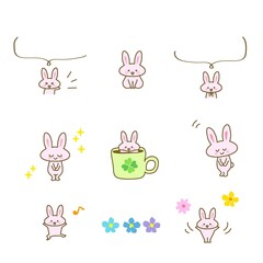 イラスト素材セット:かわいいウサギのキャラクターのカットイラスト4　ピンク色うさぎ/主線あり
