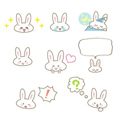 イラスト素材セット:かわいいウサギのキャラクターのカットイラスト6　白うさぎ/主線あり
