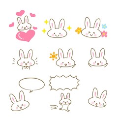 イラスト素材セット:かわいいウサギのキャラクターのカットイラスト5　白うさぎ/主線あり
