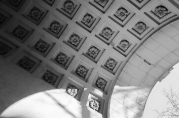  Decoration pattern of white arched ceiling. Black and white photo