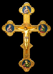 Antique crucifix made of gold - Roman Catholic Church, Jesus Christ. - obrazy, fototapety, plakaty
