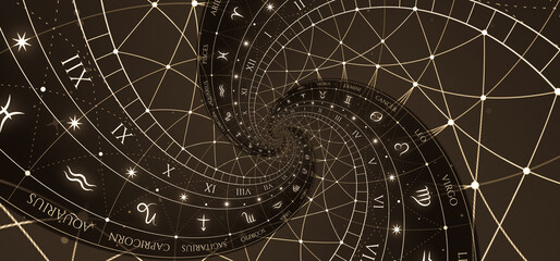 Astrological background with zodiac signs and symbol.