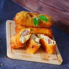 Selective focus risoles sosis mayo (American risoles) or mayonnaise sausage rissole is a small...