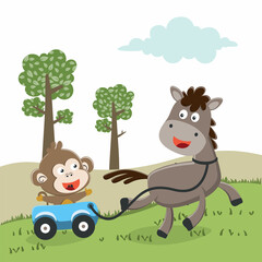 Obraz na płótnie Canvas Happy horse and monkey cartoon in the farm with green field. Nature and country concept. Vector childish background for fabric textile, nursery wallpaper, card, poster and other decoration.
