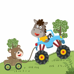 Cute little horse and little bear driving a monster car go to forest funny animal cartoon,vector illustration. Vector illustration. T-Shirt Design for children. Design elements for kids.