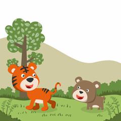 Obraz na płótnie Canvas Cartoon wild animals concept, cute tiger and bear in the jungle. Creative vector childish background for fabric, textile, nursery wallpaper, poster, card, brochure. and other decoration.