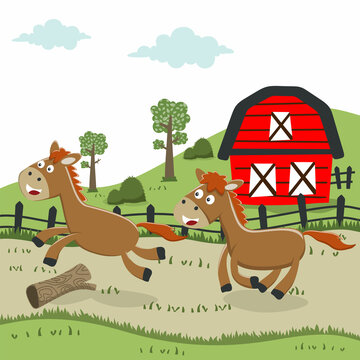 Happy two horse cartoon in the farm with barn and green field. Nature and country concept. Vector childish background for fabric textile, nursery wallpaper, card, poster and other decoration.