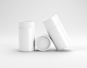 Three white plain blank paper tubes with lid on white isolated background