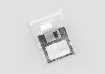 Black floppy disk with plain white name label inside clear poly plastic bag on isolated background