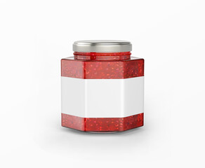 Hexagonal strawberry jam glass clear jar with blank white label on isolated background 