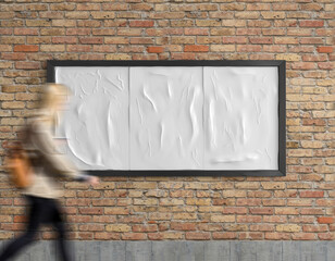White blank empty horizontal outdoor billboard on brick wall