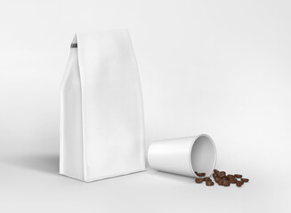 White blank coffee paper standing pouch packaging with white coffee cup and coffee beans. 
