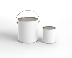 White blank two wall tin paint buckets of different sizes on isolated background