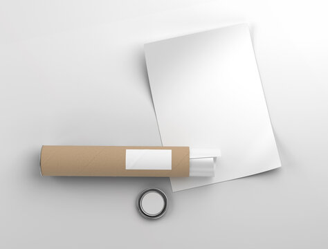 Kraft Paper Blank Isolated Paper Tube With Metal Lid With Open Poster On Isolated Background