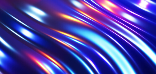 Striped neon lights background, abstract purple blue liquid metal wavy design, 3D render illustration.
